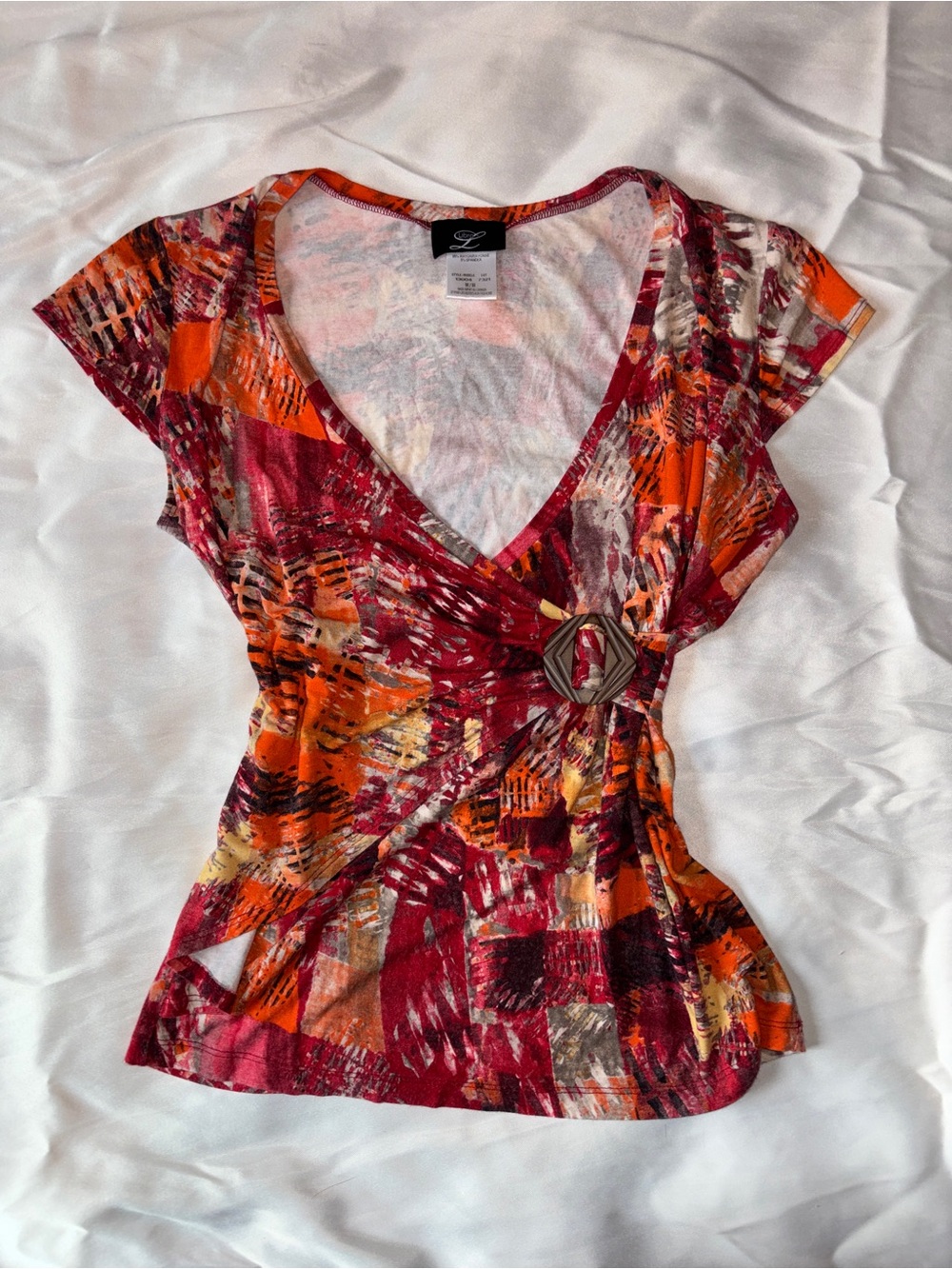 Abstract Print V-Neck Wrap Top in Red & Orange